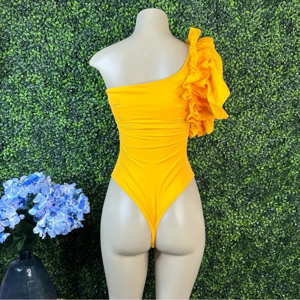 Zara yellow ruffle one  sleeve‎ swim one piece